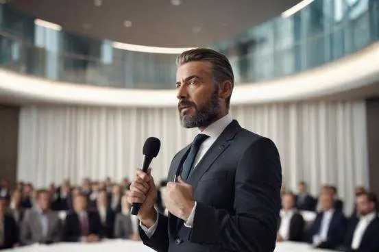 A business leader, with a microphone in hand, is addressing his peers, possibly 200, at a conference
