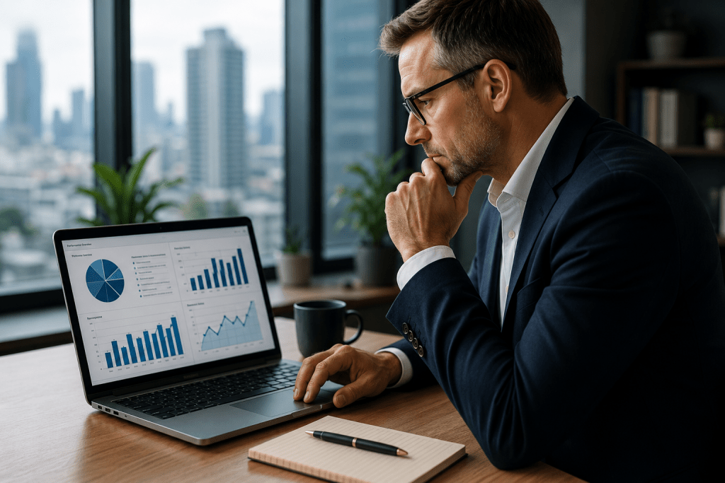 Man in a dark suit analyzes data charts on a laptop at a desk in a modern office with plants outside the window