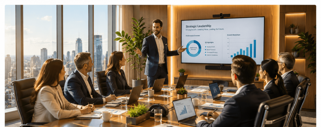 Boardroom leadership meeting with executive team discussing strategy