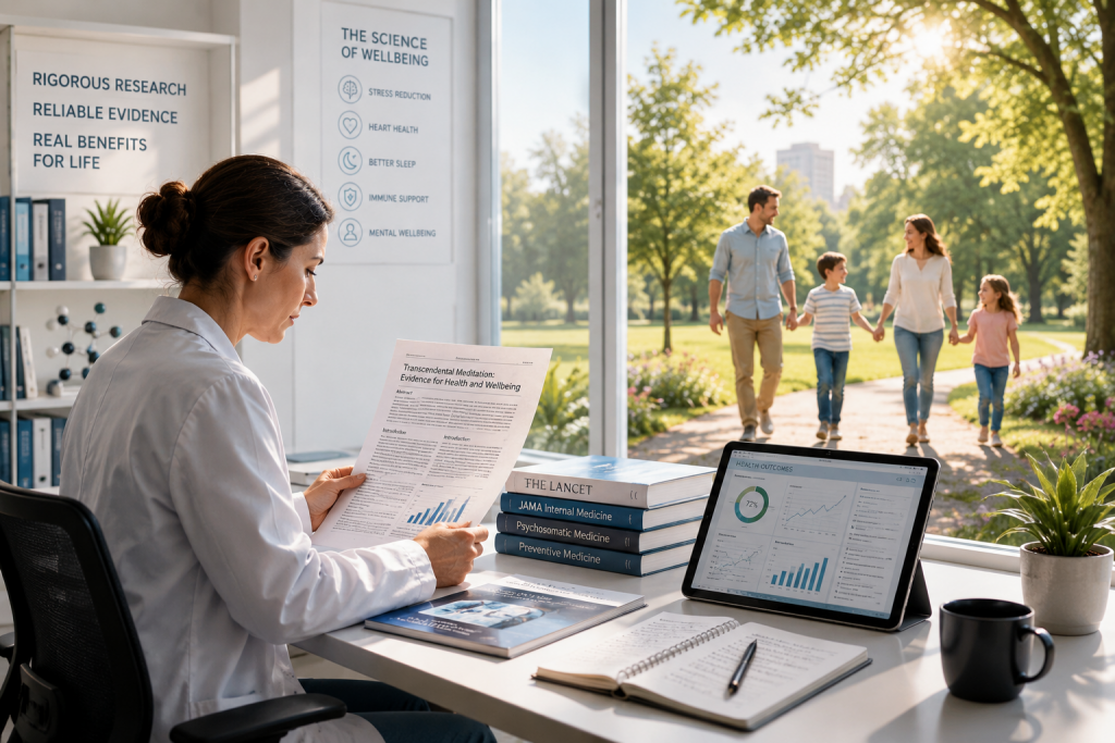 Researcher in a white coat reads a report at a desk with a tablet showing health data; a family walks outside in a sunny park through the window.