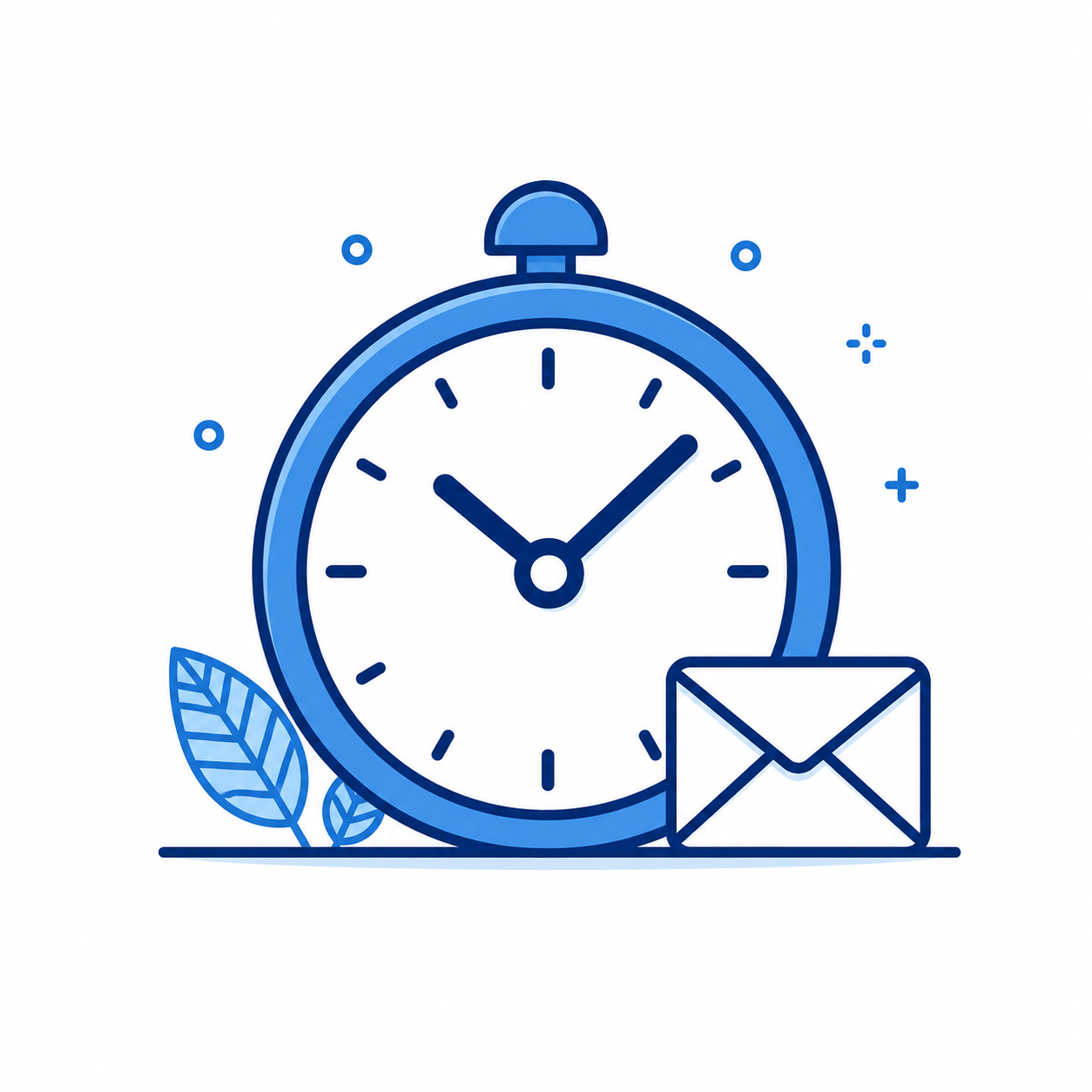 Blue stopwatch beside a mail envelope, symbolizing time-sensitive delivery or urgent correspondence