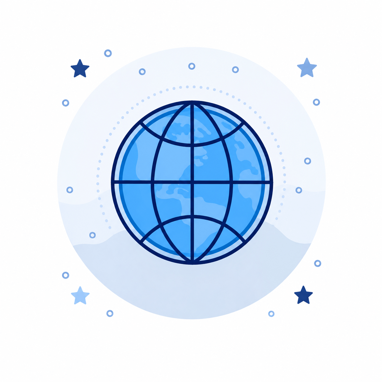 Blue globe icon with longitude/latitude lines surrounded by stars and circles, symbolizing global connectivity and space.