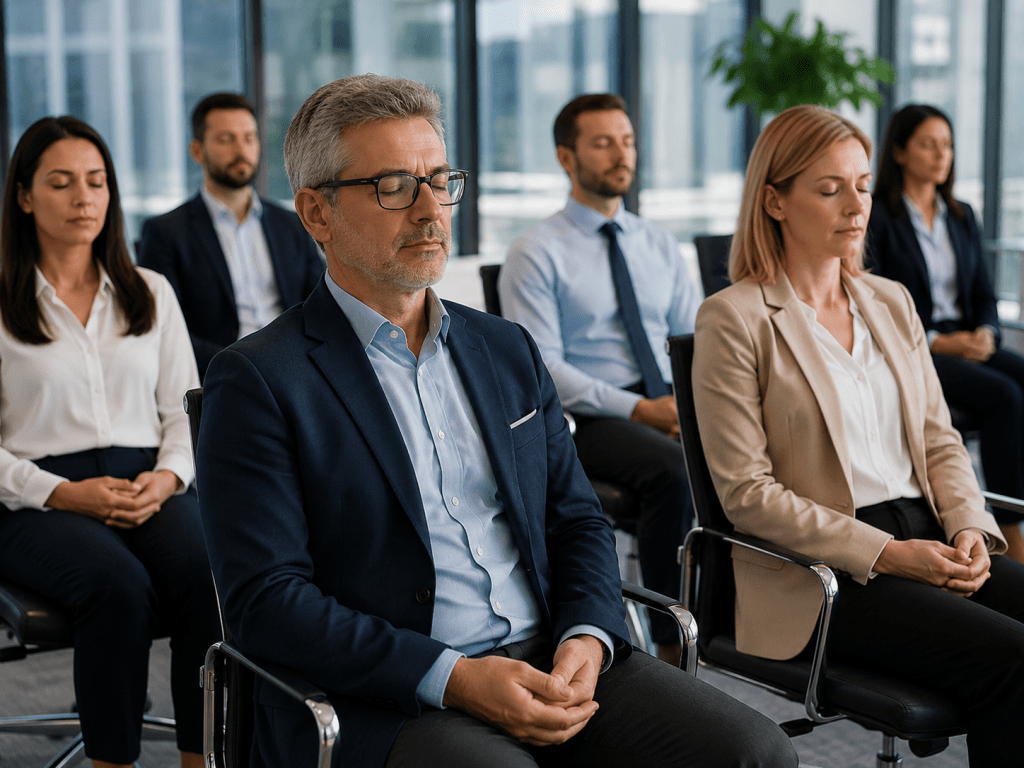 Group of professionals sitting with eyes closed, meditating during a calm corporate session in a glass-walled meeting room.