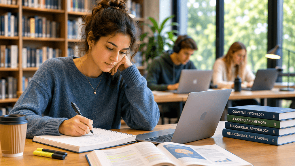 Student in a library writes in a notebook with a laptop open beside her, coffee cup nearby.