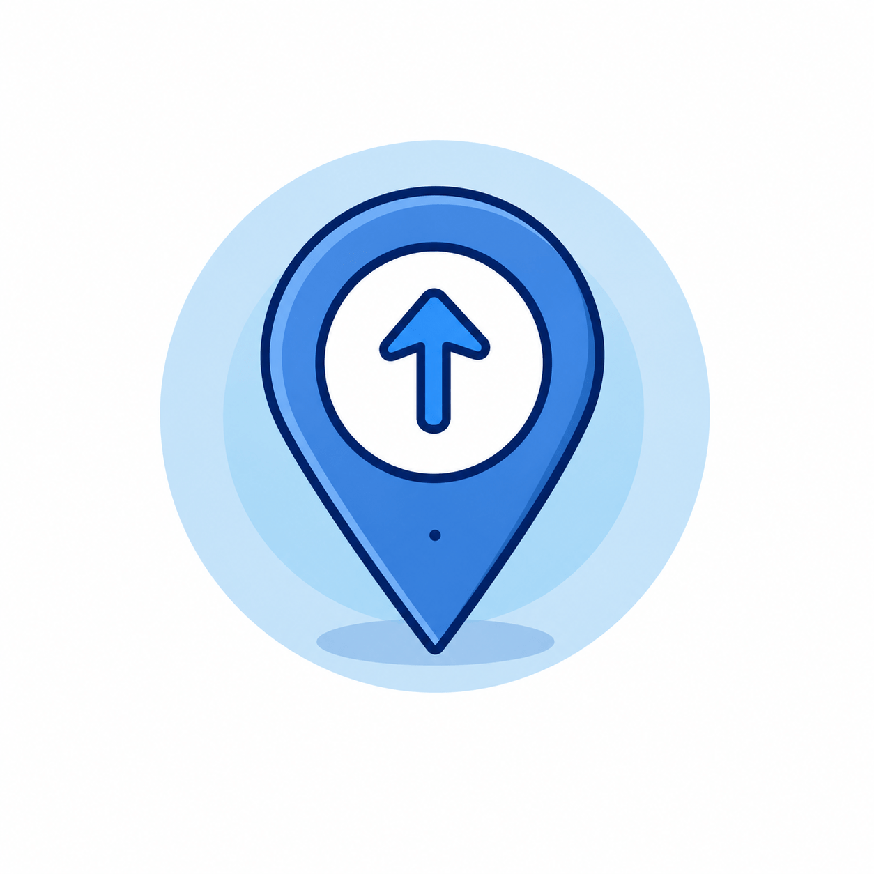 Blue map pin icon with a white circle containing an upward arrow, suggesting upload or set location