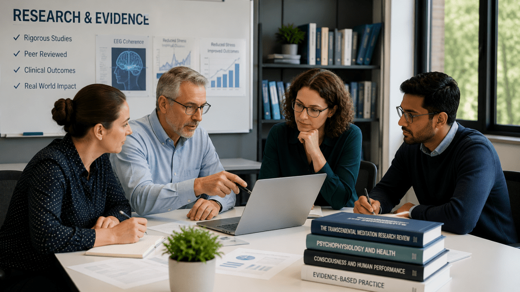 Four professionals collaborate around a laptop in a meeting room, with a whiteboard reading 'RESEARCH & EVIDENCE' and charts in the background.