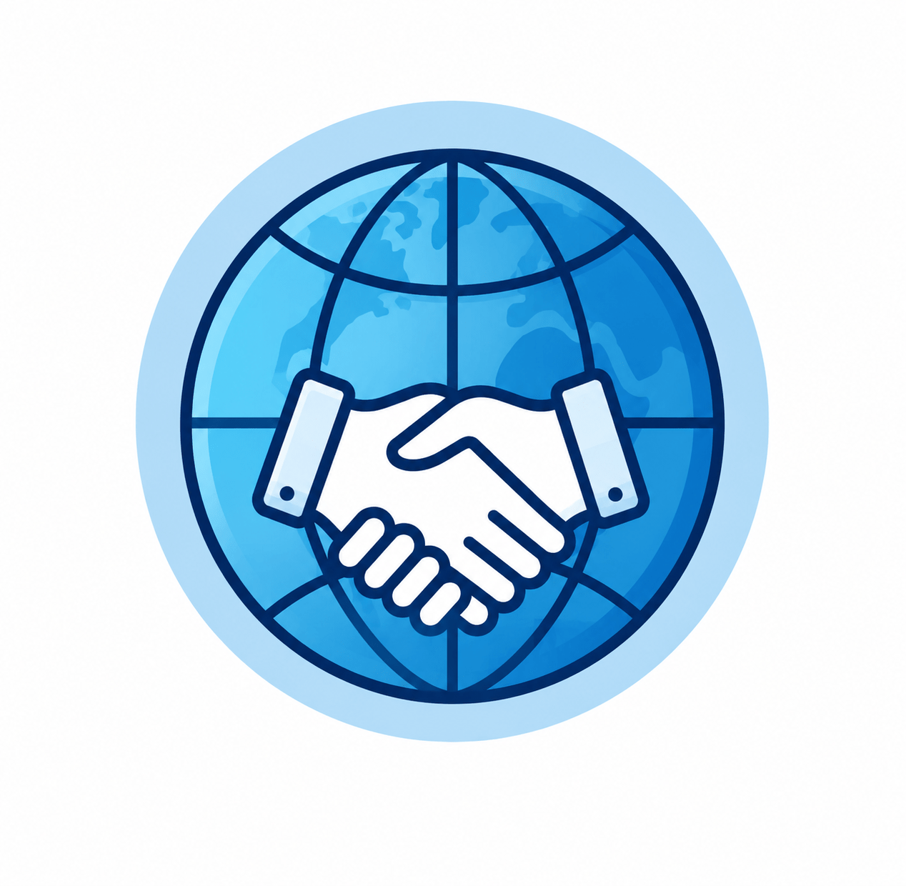 Global handshake over a blue globe, symbolizing international cooperation and partnership