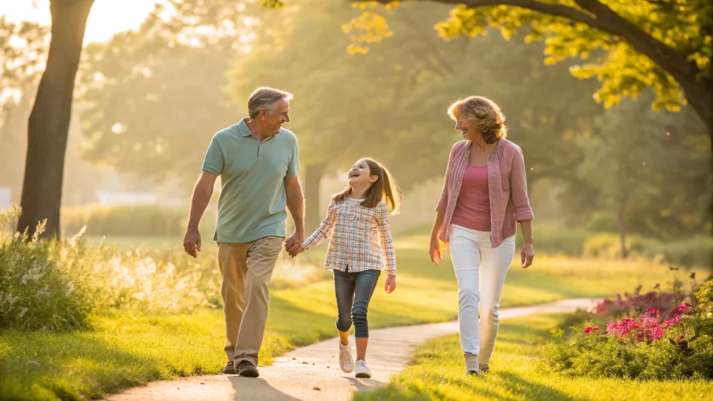 Family of three walking hand-in-hand on a sunlit park path, smiling and enjoying a warm afternoon.