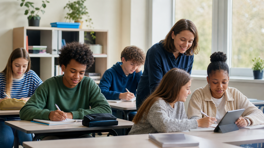 A diverse group of secondary-school pupils learning in a calm classroom with support from their teacher
