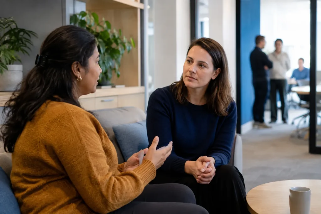 Two colleagues having a calm and supportive conversation in a workplace