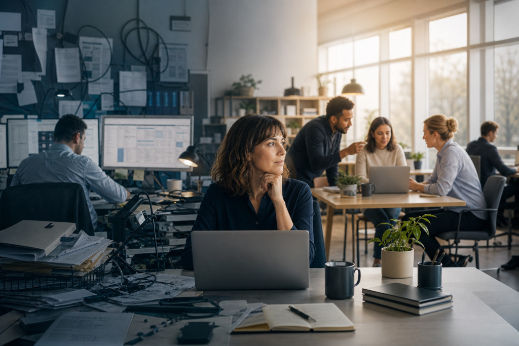 A workplace transforming from cluttered, disconnected systems into a clear and collaborative environment